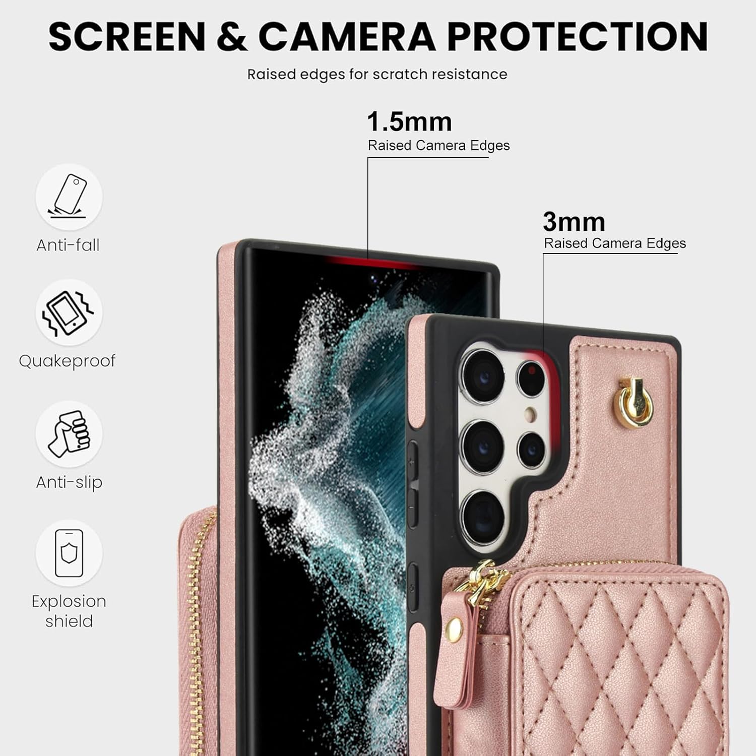 Phone Case for Samsung Galaxy S22 Ultra 5G Wallet Cell Cover with Tempered Glass Screen Protector Wrist Crossbody Strap RFID Blocking Card Holder S22ultra 22S S 22 S22ultra5g 6.8 Women Girls Rose Gold